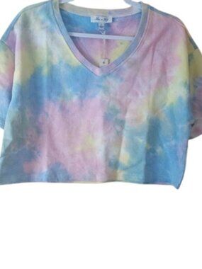 She & Sky Womens Cropped V-Neck Knit T-Shirt Tee Tie Dye L New